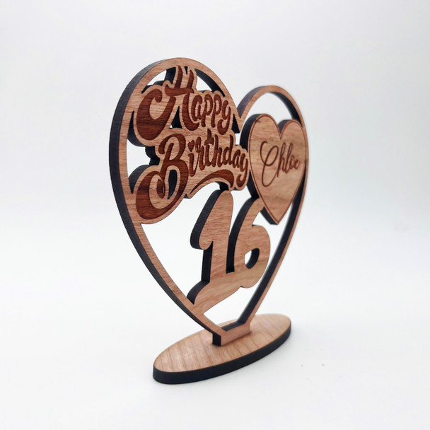 Engraved Wood 16th Happy Birthday Heart Milestone Age Keepsake Personalised Gift
