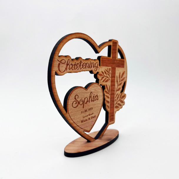 Engraved Wood Christening Leaf Cross Heart Keepsake Personalised Gift