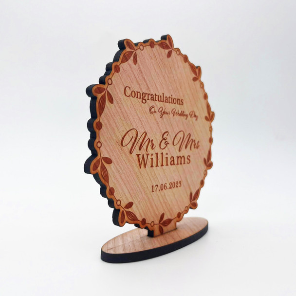 Engraved Wood On Your Wedding Day Floral Wreath Round Keepsake Personalised Gift