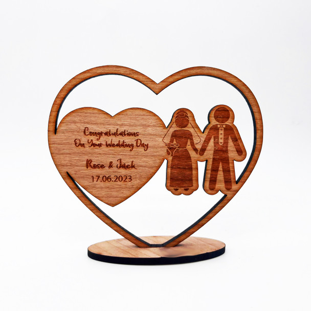 Wood Groom & Bride Heart Congratulations Wedding Day Keepsake Personalised Gift