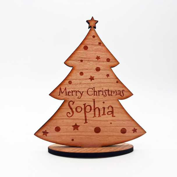 Engraved Wood Merry Christmas Tree Stars Festive Keepsake Personalised Gift