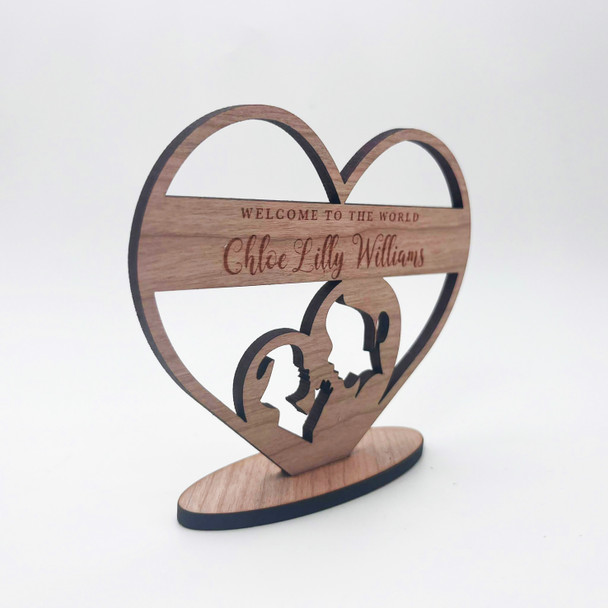 Engraved Wood New Baby Mother With Child In Heart Keepsake Personalised Gift