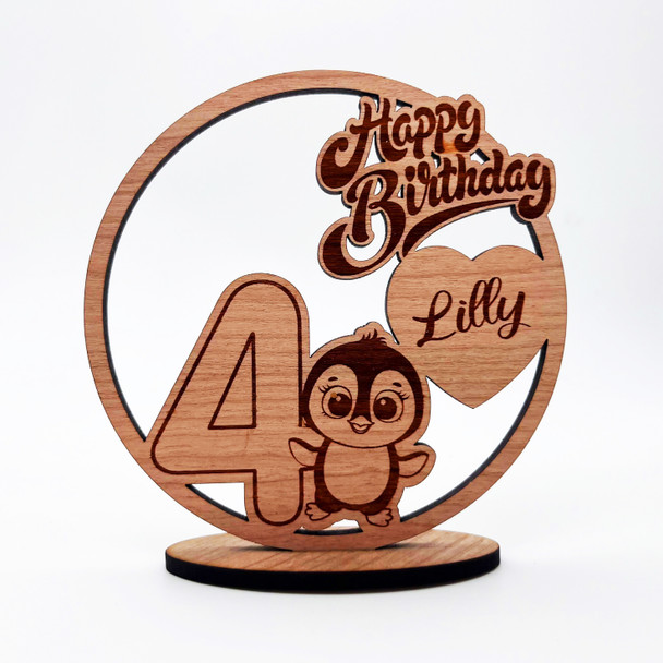 Engraved Wood Kids Penguin 4th Happy Birthday Heart Keepsake Personalised Gift