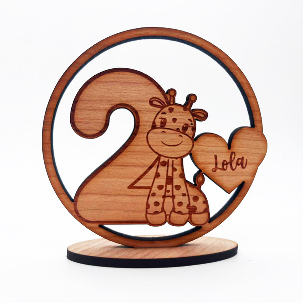 Engraved Wood 2nd Birthday Kids Cute Giraffe Heart Keepsake Personalised Gift