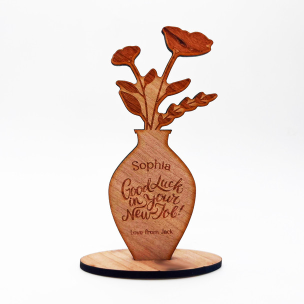 Engraved Wood Good Luck In Your New Job Vase Flowers Keepsake Personalised Gift
