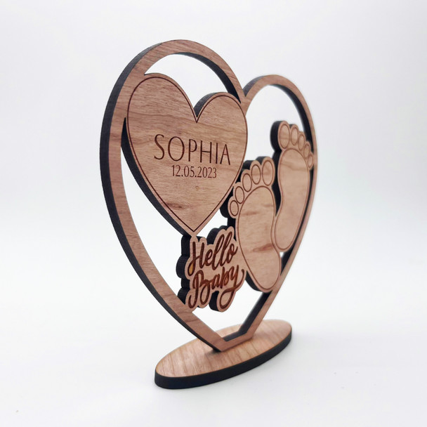 Engraved Wood Hello New Baby Hearts Footprints Keepsake Personalised Gift