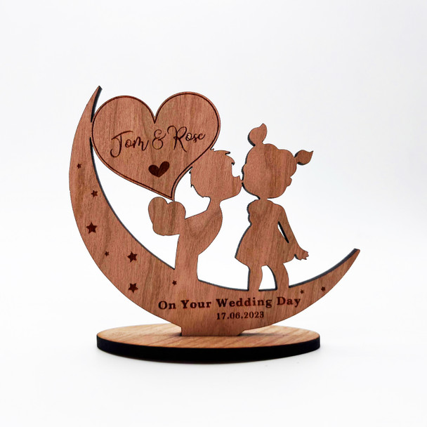 Wood On Your Wedding Day Cute Boy & Girl On Moon Keepsake Personalised Gift