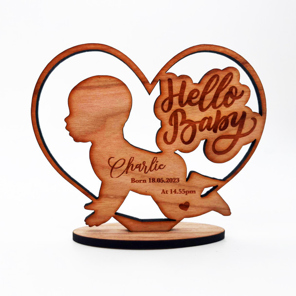 Engraved Wood Hello New Baby Heart Silhouette Keepsake Personalised Gift