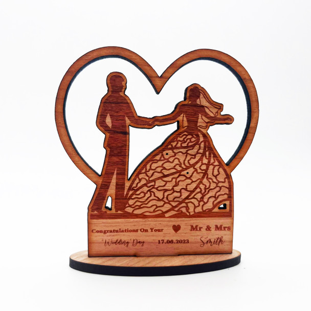 Wood Wedding Day Couple In Heart Pattern Dress  Keepsake Personalised Gift