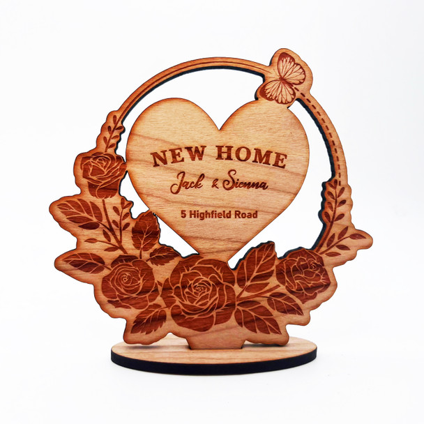 Engraved Wood New Home Rose Floral Butterfly Wreath Keepsake Personalised Gift