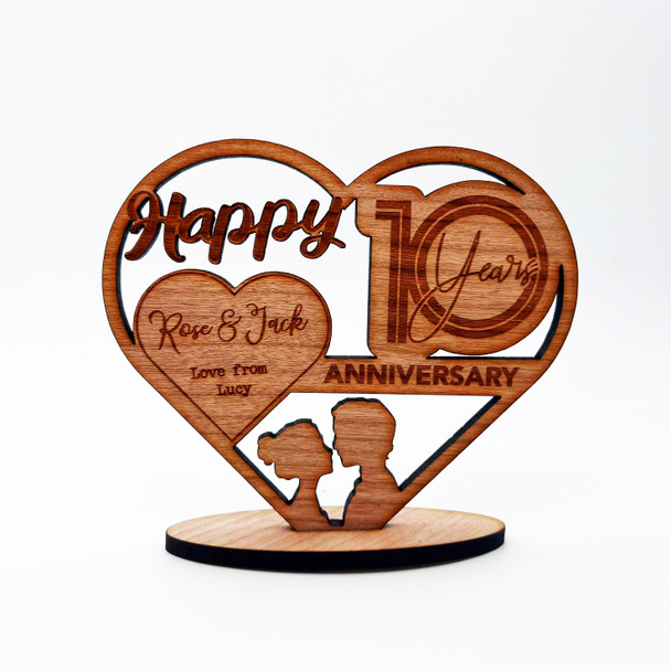 Wood Happy 10 Years Wedding Anniversary Couple Heart Keepsake Personalised Gift