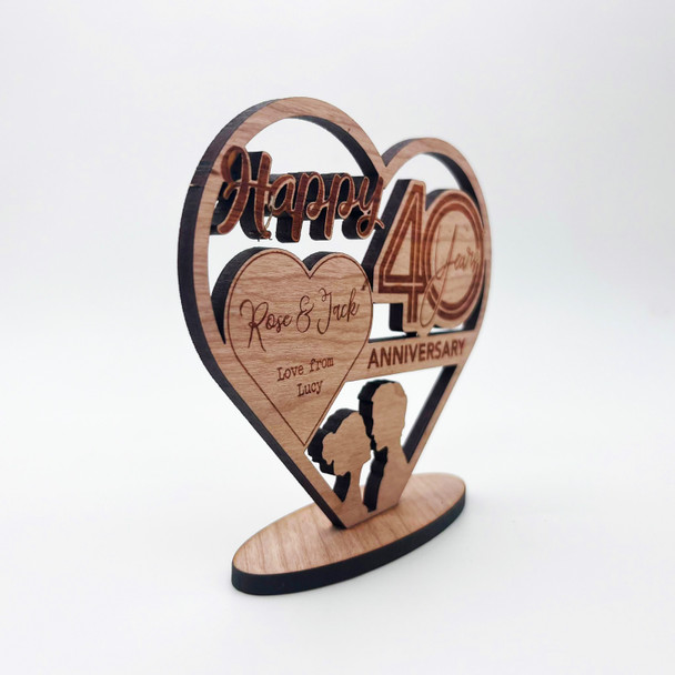 Wood Happy 40 Years Wedding Anniversary Couple Heart Keepsake Personalised Gift