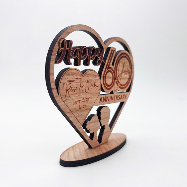 Wood Happy 60 Years Wedding Anniversary Couple Heart Keepsake Personalised Gift