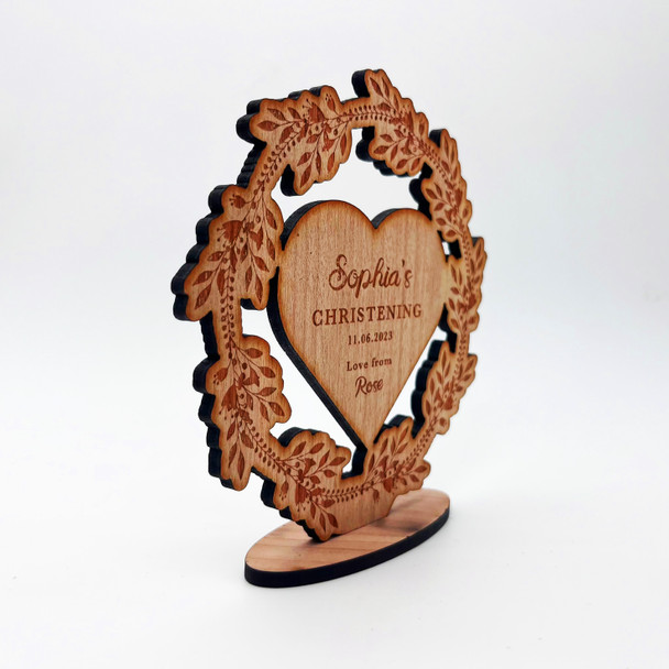 Engraved Wood Christening Heart Floral Wreath Date  Keepsake Personalised Gift