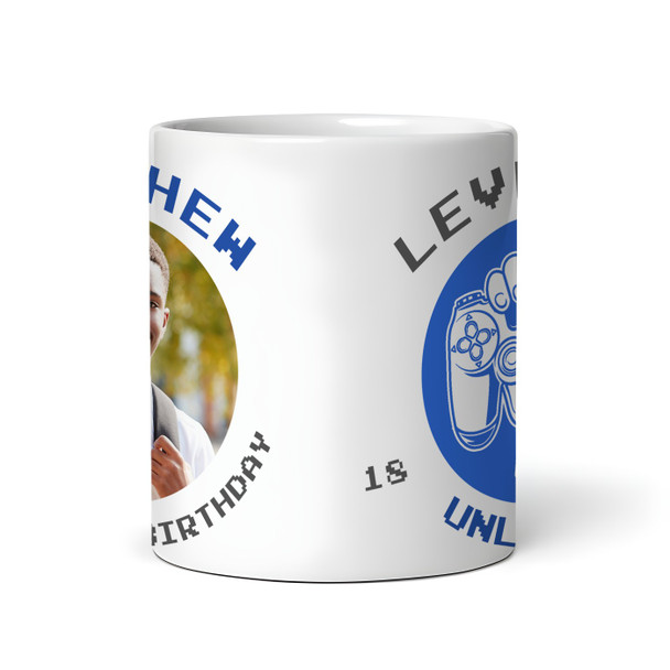 18th Birthday Photo Gift For Teenage Boy Blue Gaming Level Up Personalised Mug