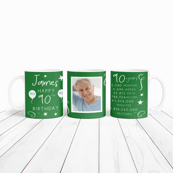 90th Birthday Gift For Him Green Photo Mins Seconds Tea Coffee Personalised Mug