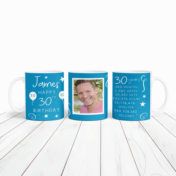 30th Birthday Gift For Him Blue Photo Mins Seconds Tea Coffee Personalised Mug