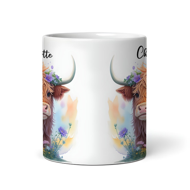 Watercolour Floral Cute Flowers Highland Cow Name Tea Coffee Personalised Mug