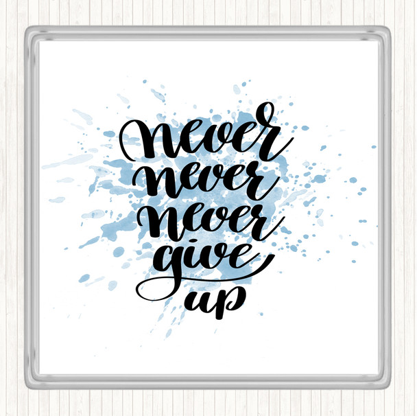 Blue White Never Give Up Swirl Inspirational Quote Coaster