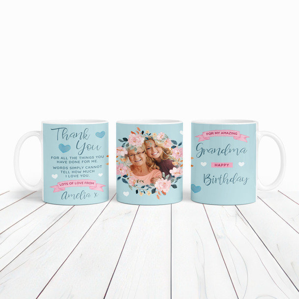 Grandma Birthday Gift Photo Blue Flower Thank You Personalised Mug