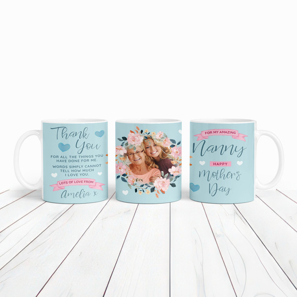 Nanny Mother's Day Gift Photo Blue Flower Thank You Personalised Mug