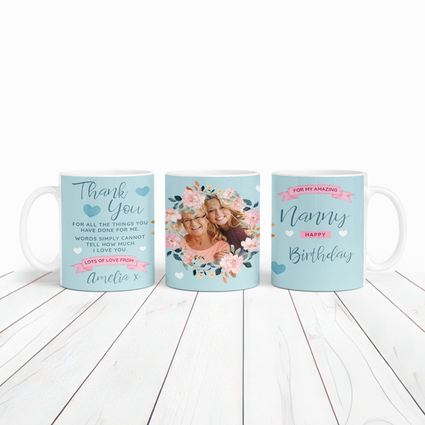 Nanny Birthday Gift Photo Blue Flower Thank You Personalised Mug