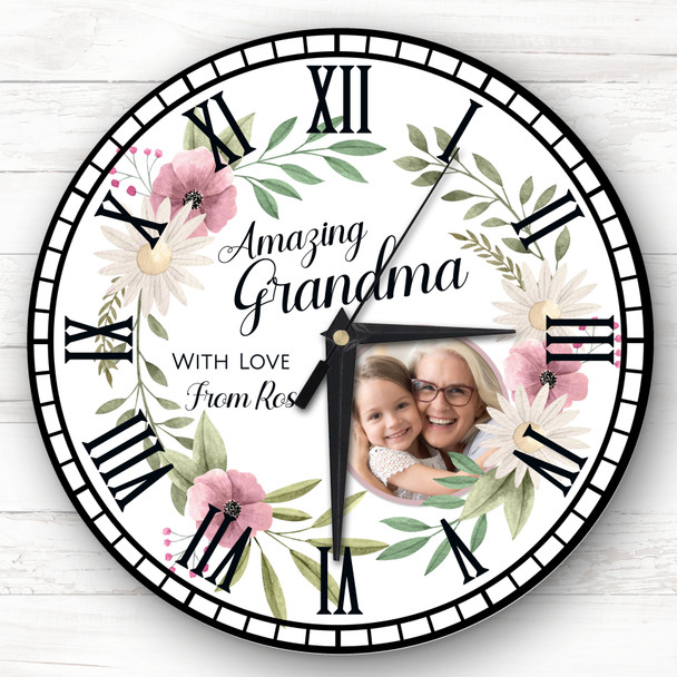 Amazing Grandma Floral Round Photo Mother's Day Birthday Gift Personalised Clock