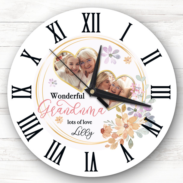 Grandma Floral Gold Heart Photo Mother's Day Birthday Gifts Personalised Clock