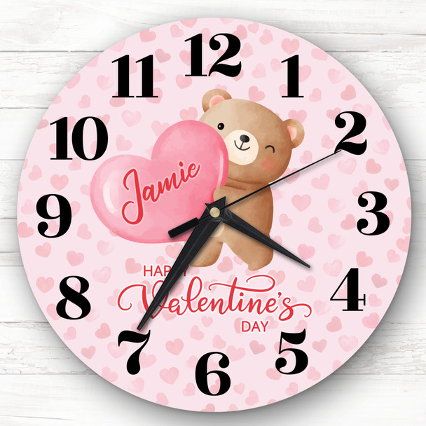 Watercolour Teddy Bear Holding Heart Valentine's Day Gift Personalised Clock