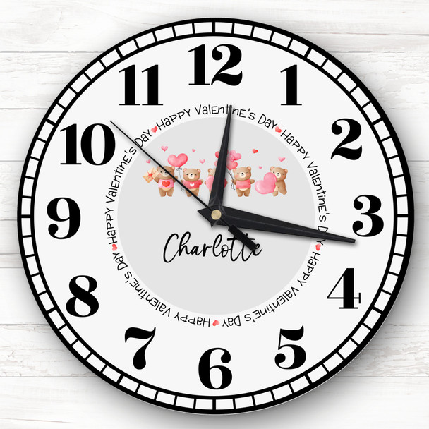 Watercolour Cute Teddy Bears Withs Valentine's Gift Grey Personalised Clock
