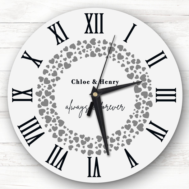 Grey Hearts Wreath Anniversary Birthday Valentine's Gift Personalised Clock