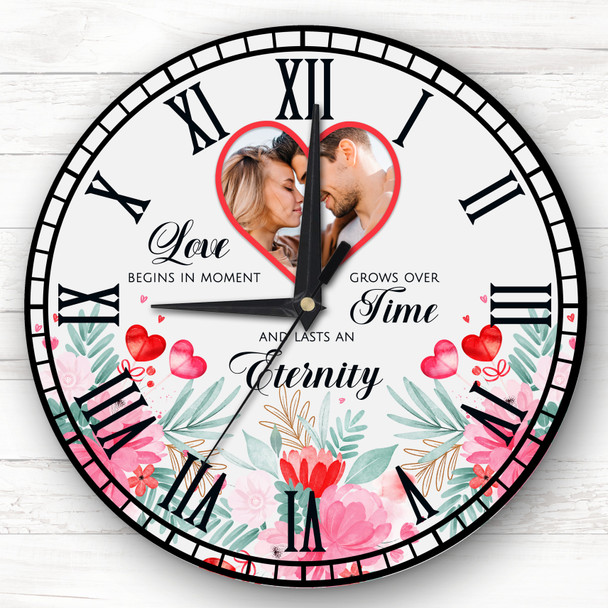 Love Floral Photo Valentine's Day Gift Anniversary Grey Personalised Clock