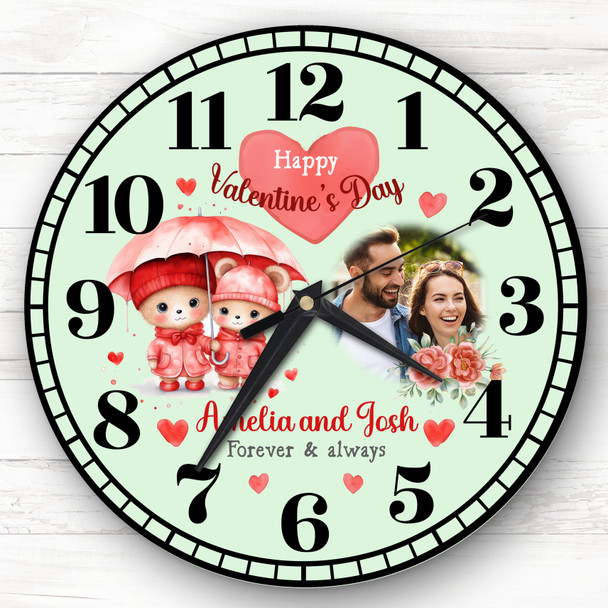 Valentine's Day Gift Couple Bear Photo Green Personalised Clock