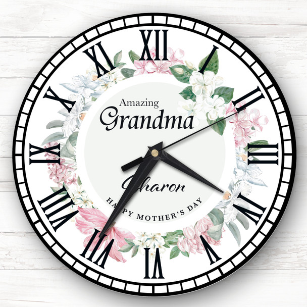 Grandma Mother's Day Gift Pink Floral Wreath Personalised Clock