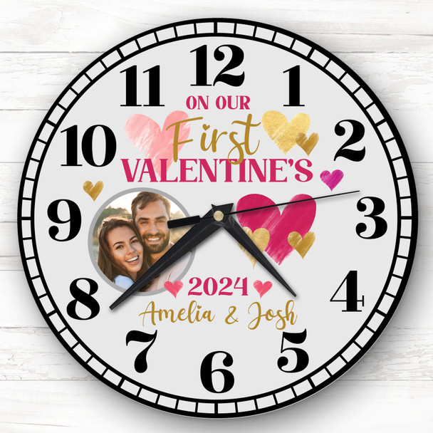 Our First Valentine's Day Gift Hearts Photo Personalised Clock