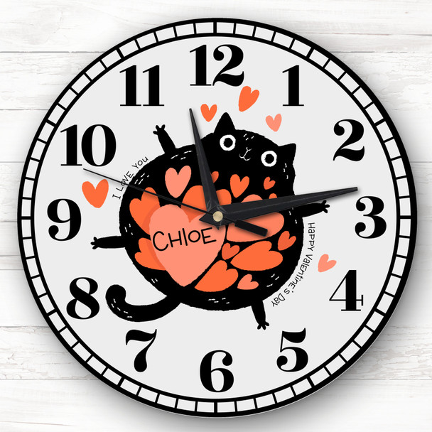 Black Cat Hearts Valentine's Day Gift Grey Personalised Clock