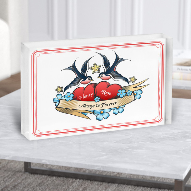 Tattoo Style Love Hearts Swallow Birds Romantic Gift Personalised Acrylic Block