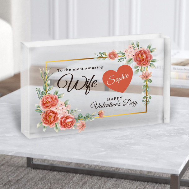 Valentine's Gift For Wife Red And Gold Floral Personalised Clear Acrylic Block