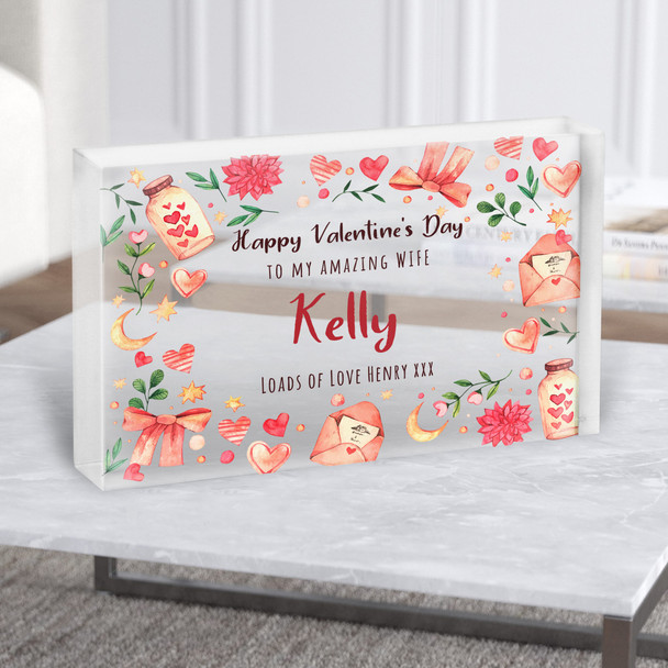 Valentine's Day Gift For Wife Watercolour Love Elements Clear Acrylic Block