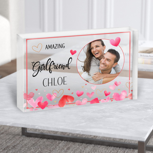 Amazing Girlfriend Gift Red Hearts Circle Photo Personalised Clear Acrylic Block