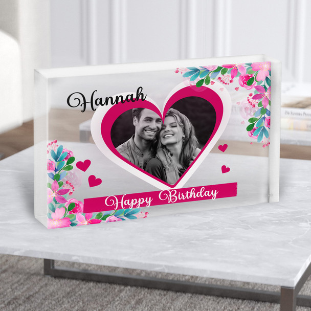 Pink Floral Heart Photo Frame Birthday Gift Personalised Clear Acrylic Block