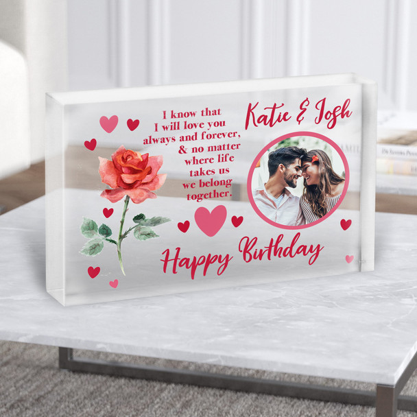 Rose Romantic Photo Happy Birthday Gift Personalised Clear Acrylic Block