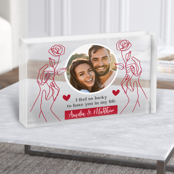 So Lucky To Have You Red Rose Photo Gift Personalised Clear Acrylic Block