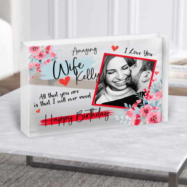Amazing Wife Red Floral Photo Birthday Gift Personalised Clear Acrylic Block