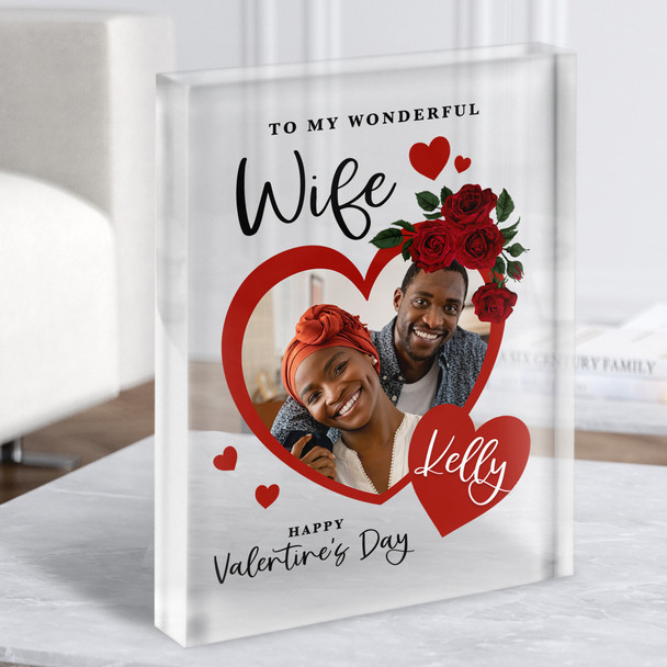 Valentine's Gift For Wife Roses Red Heart Photo Personalised Clear Acrylic Block