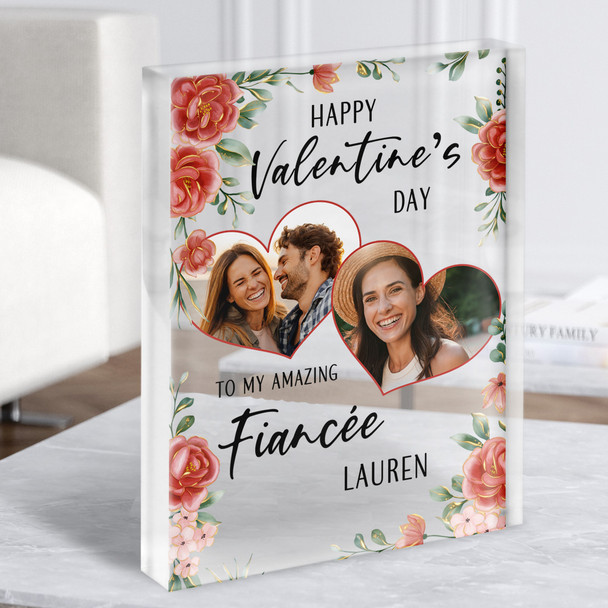 Valentine's Day Gift For Fiancée Hearts Floral Photo Custom Clear Acrylic Block