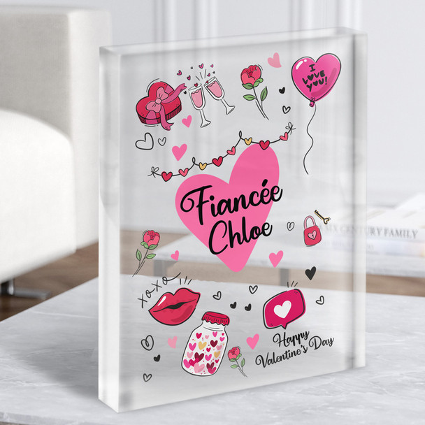 Valentine's Gift For Fiancée Pink Love Doodles Personalised Clear Acrylic Block