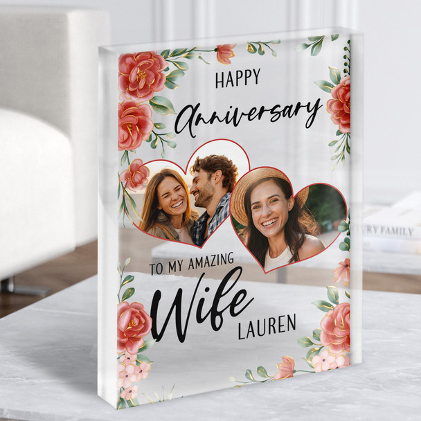 Anniversary Gift For Wife Hearts Floral Photo Personalised Clear Acrylic Block