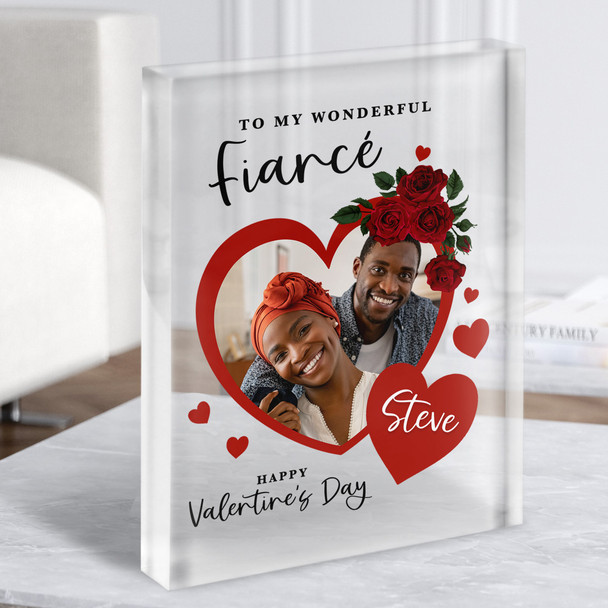 Valentine's Gift For Fiancé Roses Red Heart Photo Custom Clear Acrylic Block