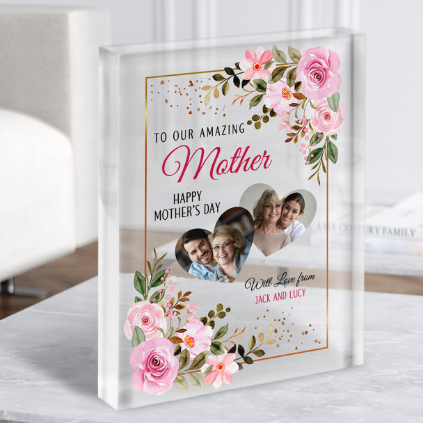 Pink Floral White Background Mother's Day Gift Heart Photos Clear Acrylic Block